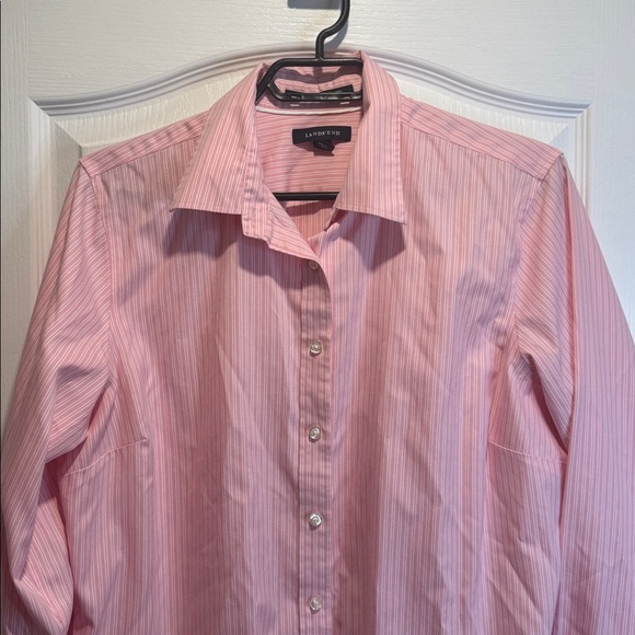 A-Lands’ end none iron pinpoint oxford button down pink and white  striped shirt - Picture 4 of 9
